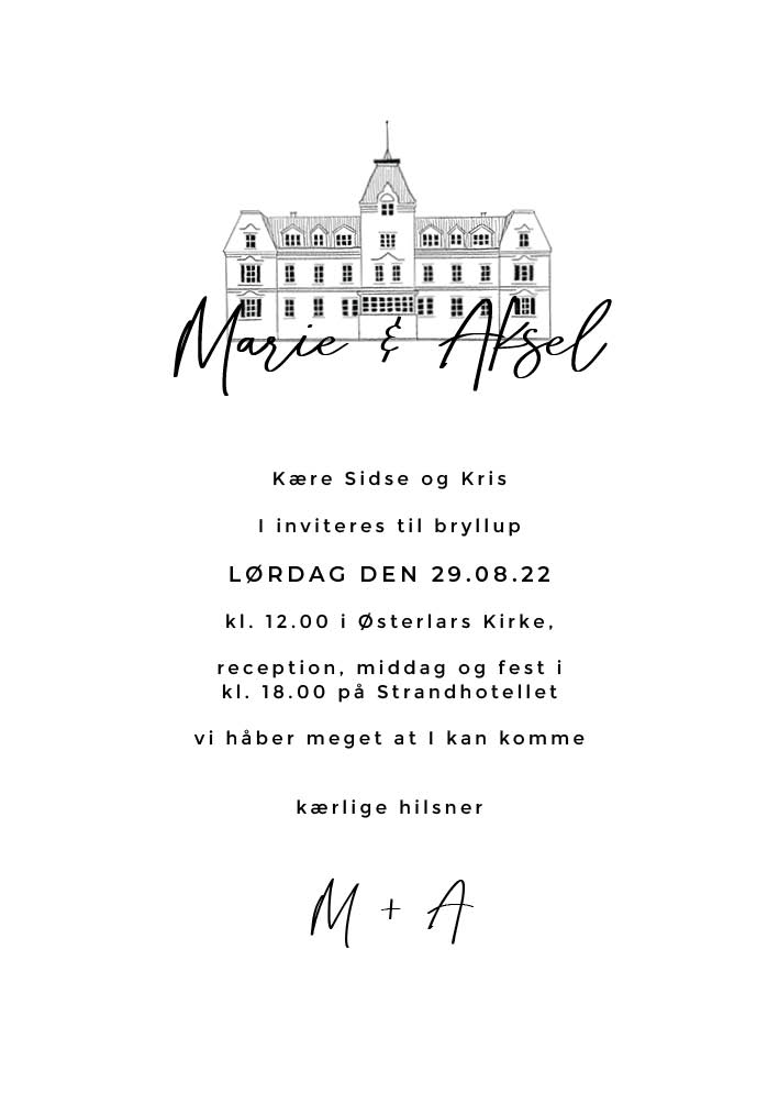 
                Enkel og elegant bryllupsinvitation. Denne invitation er meget minimalistisk og smuk på sin helt egen måde. Brug bagsiden af invitationen til flere praktiske oplysninger eller et program over bryllupsfesten. Til designet kommer også matchende elementer i form af velkomstskilt, salmehæfte, bordoversigt, menukort, bordkort, drinkskort, takkekort mm. således I kan skabe en rød tråd for dagen.                